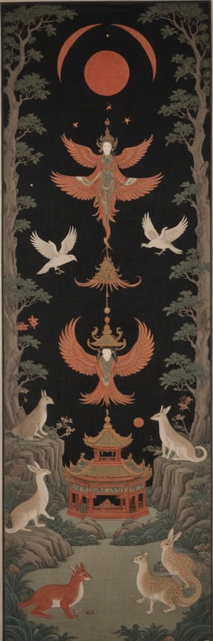 Recreate the T-shaped silk painting from Mawangdui Tomb No. 1 with vivid detail and rich symbolism reflecting the mythological and eschatological beliefs of early Western Han dynasty.

Top section:
Depict the celestial realm. In the upper right corner, include a bright red sun with a golden crow inside it, and eight smaller suns surrounding a Fusang tree below. In the upper left corner, show a crescent moon with a toad and jade rabbit on it, and Chang'e flying towards the moon. Between the sun and moon, place a seated Nüwa with a human head and snake body, her long red tail coiled around. Surround her with celestial cranes, considered auspicious heavenly birds. Below, illustrate beast-riding monsters suspending bronze bells in the air, with geese perched on the bells and a divine dragon roaring nearby. Separate the heavens from the human world with the heavenly gate, guarded by two leopards climbing the gate and gatekeepers bowing with hands clasped.

Middle section:
Illustrate the human realm. At the top, show a triangular canopy adorned with floral and bird motifs, with two phoenixes standing on top and a winged owl soaring beneath. Below, depict an elderly woman with a staff facing west. In front of her, two figures (possibly Taoist practitioners or servants) kneel and present offerings, while three maids follow her. On either side, show two dragons intertwined with a jade disk, and beneath them, feathered human-bird hybrids dressed in white, facing each other. Below, illustrate a sacrificial table set with offerings, indicating a ritual feast for the deceased. Show several people seated around the table, drinking and bidding farewell to the elderly woman.

Bottom section:
Represent the underworld. Show a nude strongman squatting in a horse stance, holding a flat white object symbolizing the earth above his head. He stands on entwined aquatic creatures resembling whales, with two mythical beasts at their tails. At the boundary between the earth and the underworld, include two spiritual turtles floating, with owls standing on their shells.,God's Angle,Chinese mythological figures,floatingisland,landscapes,Ink Painting,Dressed animals page,Satellite Aerial Photography