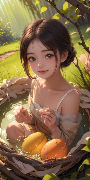 In a serene morning scene, softly lit sunlight seeps through the woven grasses, bathing three eggs in warm tones. Amidst the twigs, Papy, a half-hatched child harpy, nestles with an angelic smile. Her delicate features and soft feathers exude ethereal beauty as she gazes up at the sky, her small hands clutching a nearby blade of grass. The surrounding eggs remain unblemished, contrasting with Papy's emerging form, as if frozen in time.
