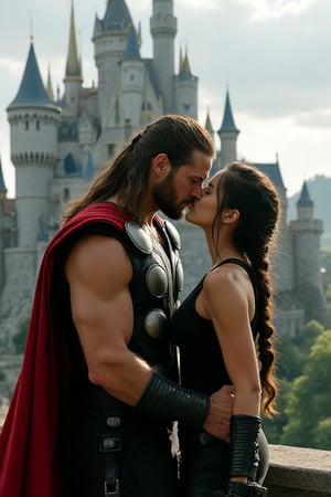 Thor kissing Lara Croft. In the background a magical castle. Cinematic style image.