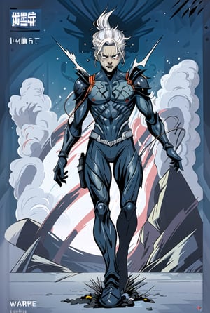 splash art, cover art, masterpiece, best quality, highly detailed, scary, 4k, sharp focus, solo male comic character, marvel style drawing,  frames of single character facing multiple directions, icy eyes with black pupils. blue and black lightly armored suit, white hair, white luminance from body, scowl. jaw is wired shut with wires across the top and bottom lips. full body, turnaround,  (angry:0.5), intense shadow, vfx, by todd mcfarlane