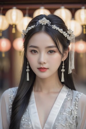 Portrait of a young Asian woman with delicate features, long flowing black hair adorned with traditional Chinese hair accessories including a silver hairpin and beaded tassels. She has large, expressive eyes, soft, pale skin, and a serene expression. Her attire includes a hint of traditional Chinese clothing visible around her shoulders. The background is softly blurred with a bokeh effect from lights, suggesting an outdoor, ethereal setting in the late afternoon.