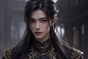 Chinese classical style, Very thin man, long eyes, sharp chin, thin face shape, full body, Produce a high-quality, high-resolution image of a young Asian man with an enigmatic and stoic expression. He should have long, dark hair that is loosely tied back, with some strands elegantly framing his face, adding to his mysterious demeanor. His eyes are sharp, penetrating, and hold a thoughtful gaze. He wears a traditional dark robe with subtle, intricate embroidery, which hints at his noble status. The setting should be atmospheric and slightly misty, featuring traditional architecture in the blurred background, suggesting a historical and mystical context.,masterpiece,girl,best quality,1guy,Handsome Thai Men,photorealistic