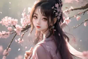 Portrait of a young Asian woman with a romantic and ethereal appearance, surrounded by softly glowing cherry blossoms. Her long, flowing dark hair is adorned with an intricate silver hairpiece decorated with cherry blossom motifs. She has large, expressive eyes, a delicate complexion, and a gentle smile. She is wearing a light pink, semi-transparent traditional robe that suggests a graceful, timeless elegance. The setting is an outdoor scene with soft, dreamlike lighting and cherry blossoms gently falling around her.