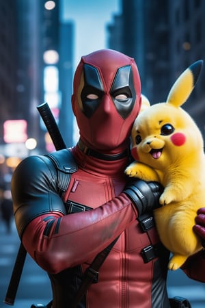 Deadpool piggybacking Pikachu over his shoulder, both are looking at the other and smiling, half body image, on the streets of New York at night, photorealistic