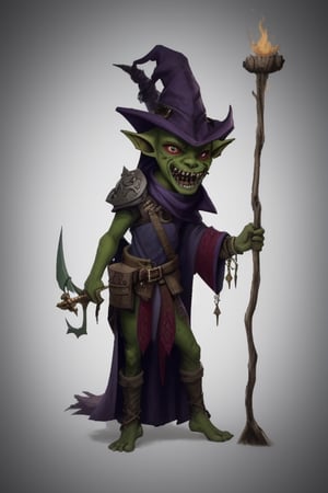 Male goblin wizard, green skin, pointy ears, bald, small, very skinny, red eyes without pupils, big mouth open agape full of sharp teeth, huge melon shaped head, dreesed with wizard robes too big for him, with a spellbook hanging of his belt and throwing a fireball, ugly, near a campfire at night