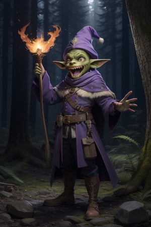 Male goblin wizard, green skin, pointy ears, bald, small, very skinny,completely red eyes, red pupils, big mouth open agape full of sharp teeth, huge melon shaped head, dreesed with wizard robes too big for him, with a spellbook hanging of his belt and hurling a fireball, ugly, in a forest near a campfire at night, purple musketeer hat with a long feather