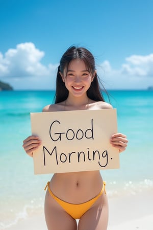 Asian girls wearing bikini at the beach in Okinawa. She swims under the sea with big smile. Holding a sign “Good Morning”