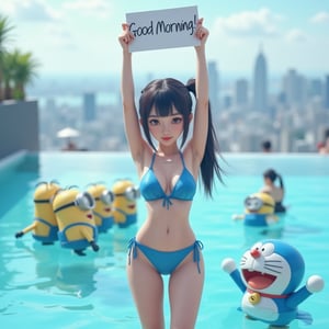 Realistic photo. Asian girls wearing blue bikini at the infinity pool in Tokyo.  She Holding uparm and holding a sign “Good Morning!”. Minions surround her. Doraemon surround her.