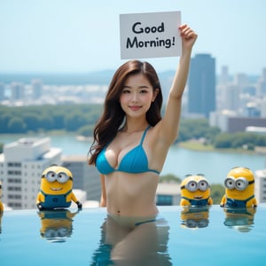 Realistic photo. Asian girls wearing blue bikini at the infinity pool in Tokyo.  She Holding uparm and holding a sign “Good Morning!”. Minions surround her.