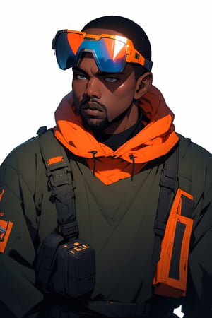 High Quality, Masterpiece,  Bust body, simple background, white background, 1man, Kanye West, manga style dress, black man with skii galsses on the forehead, little cropped white pullover, orange and blue  details, action illustration, solemn position, videogame character presentation. Akira style anime, photoreaistic image, YE, Mr.West.