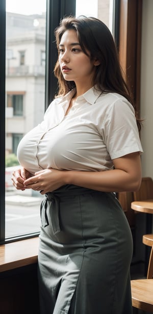 raw photo,  photorealistic,  intricate,  photo of beautiful 40 year old kerala mallu business woman, wearing green short midi skirt and shirt, talking in business meeting, thick waist,  long brown hair,  very_long_hair, formal dress, at italian coffee shop, chubby, chubby,  front-view,  gray eyes,  long wavy hair,  skin texture, holding luxury wallet, pores, morning light from window,   cinematic LUT,  medium shot,  waist and torso shot,  golden pin light to face,  warm point light to head and face, vibrant feminine  vintage Color Palette, more saturation , REALISTIC
