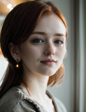 RAW uhd closeup portrait photo, casual clothes, intricate details, shallow depth of field, ginger hair, she is teasing the viewer, cinematic lighting, happy, (beautiful detailed glow)
