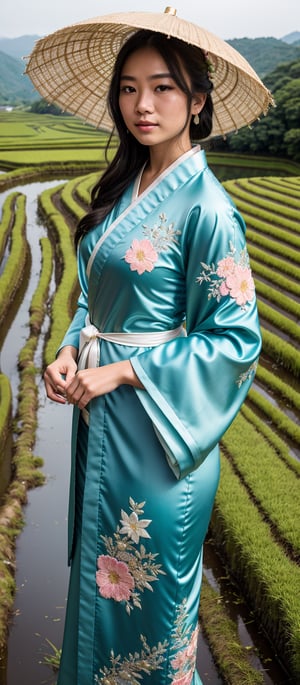 A serene young woman wearing a traditional silk kimono with intricate floral embroidery, standing gracefully in a lush, terraced rice field. Her kimono is wrapped elegantly around her body, and she carries a delicate paper parasol. The rice fields stretch out.behind her, with layers of green reflecting the soft light. The camera captures her in a medium shot with a 35mm lens, focusing on the rich textures and patterns of her kimono and the serene beauty of the landscape. The.lighting is soft, with the early morning mist rising from the fields, creating a peaceful and timeless atmosphere. The image is shot in 6K resolution, bringing out the intricate embroidery of her kimono and the natural beauty of the rice fields, ek_ph0t0_b00ster