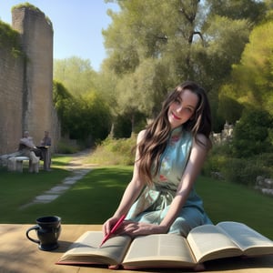 A photo of a beautiful girl in a traditional Chinese dress looking at the ancient Chinese book under the lamp on a low table in the garden surrounded by ancient walls on a peaceful evening,((His right holds a pen and his left hand places it on the table)),((master part)),Realistic,4k,extremamente detalhado,((lindos olhos grandes)),baifernbah