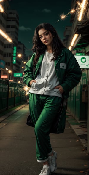 Lovely cute young attractive indian  girl, 35 years old, cute model, long black_hair,  black  hair,  They are wearing a  green , green jacket and green pajama, varsity jacket , white shoes ,Mallu ,Light particles and spark