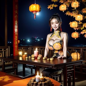 1womanl, 20yr old,((Chinese female celebrity)),The lens is shot from top to bottom,Chinese costumes,Gorgeous,the night,Ancient Chinese architecture,Chinese elements,Wooden dining table,((Mid-Autumn Mooncakes)),candlestick,Candle,lantern,