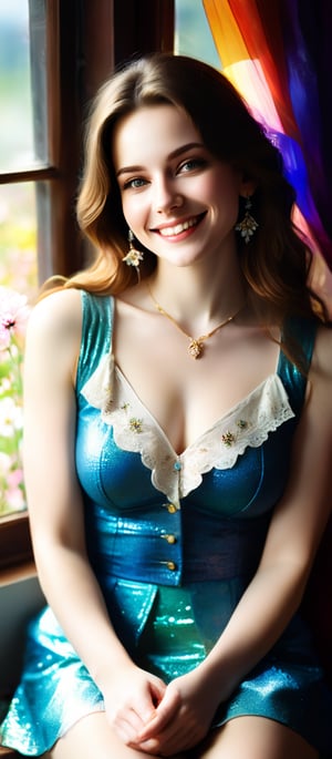 Beautiful soft light, (beautiful and delicate eyes), very detailed, pale skin, big smile, (long hair), dreamy, medium chest, female 1, ((front shot)), bangs, soft expression, height 170, elegance, bright Smile, 8k art photo, photorealistic concept art, realistic, person, small necklace, small earrings, fantasy, jewelry, shyness, dreamy soft image, masterpiece, ultra-high resolution, skirt, shirt, jacket, color, (the wind blows softly) ), (looking slightly raised and immersed in happy thoughts), girl sitting on the window sill with her chin supported by both hands, looking at the flower field outside the window, colorful, glitter, color art,BugCraft