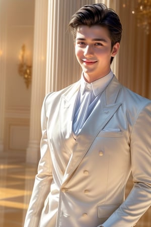 Very handsome and chaming boy, male focus, warm smile, brown short hair. He wears a very elegant prince outfit (white long sleeve shirt, white pants, white 19th century military blazer, black gloves, golden cloth shoulder pads). Beautiful skin. Beautitul and detailed eyes. red eyes. His eyes shine, his hair looks nice and shines too. Tidy hair hairstyle. he's walking in fantasy luxurious palace. Sunny day. Masculine appearance, neat. Detailed face. 1boy. ((light particles: 1)), ((upper body: 2)), castle, sun rays, sunlight, majestic backgound, ((stunning_image: 2)).