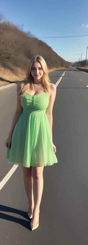 lovely  cute  young  attractive  Europe teenage  girl  in  a  pretty foreign dress,  23  years  old  ,  cute  ,  an  Instagram  model  ,  long  yellow-green_hair  ,  winter  ,  on the road  .  , „ Europe 