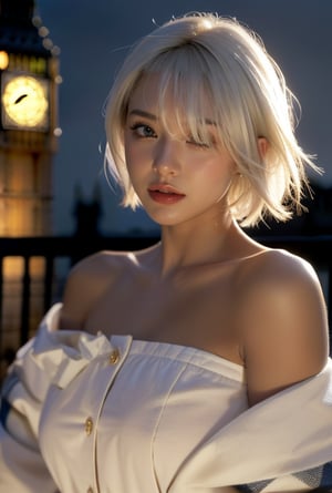 realistic photo,1girl,close_up,((white very short hair,hair over one eye)),(white hair),Best Quality, 32k, photorealistic, ultra-detailed, finely detailed, high resolution, perfect dynamic composition, beautiful detailed eyes, sharp-focus,tan,(looking at viewer), looking_at_viewer, front_view,(((dark skin))), dark skin,tan,(((British traditional clothing))),off shoulder,(((England clothes))),Big Ben, London,British,night,midnight,tan body,tan skin,dark body,black body