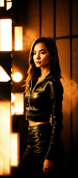 A powerful female figure stands tall amidst the dimly lit, smoke-filled room's moody atmosphere. Candles cast shadows that dance across worn wooden panels, while a faint hint of cigar smoke wafts through the air. Her eyes blaze with determination as she holds the worn leather-bound book, her resolute jawline and sharp features emphasized by the camera's close-up. The small globe in her right hand seems to symbolize her grand plan for global domination, as if mentally mapping out her strategy amidst the swirling turmoil within.