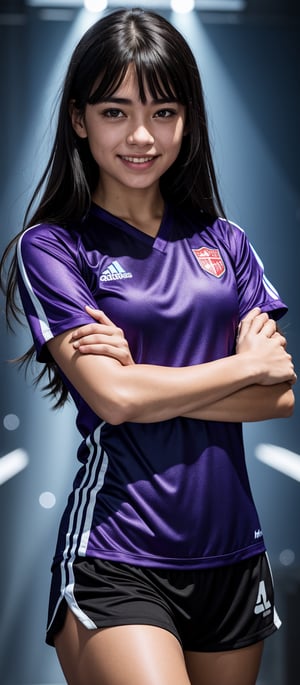 1girl, solo, long hair, looking at viewer, smile, bangs, shirt, black hair, hair between eyes, closed mouth, purple eyes, upper body, short sleeves, hand up, blue shirt, red shirt, index finger raised, finger to mouth, smug, soccer uniform, water drop, light particles, stunning image, wallpaper quality, holograpic, masterpiece, light particles, \(perfect anatomy\)