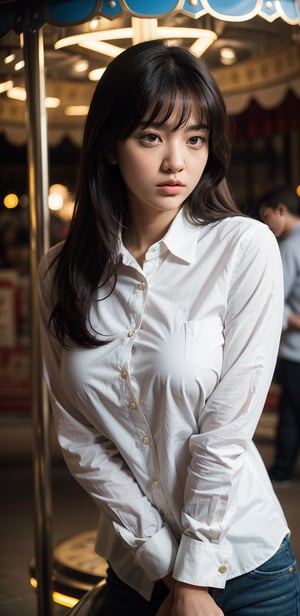 background is amusement park,
18 yo, 1 girl, beautiful chinese girl,
wearing white collared long sleeve shirts,short pants, smile,riding a merry-go-round, solo, {beautiful and detailed eyes}, dark eyes, calm expression, delicate facial features, ((model pose)), Glamor body type, (dark hair:1.2), very_long_hair, hair past hip, bangs, straight hair, flim grain, realhands, masterpiece, Best Quality, 16k, photorealistic, ultra-detailed, finely detailed, high resolution, perfect dynamic composition, beautiful detailed eyes, eye smile, ((nervous and embarrassed)), sharp-focus, full_body, cowboy_shot,