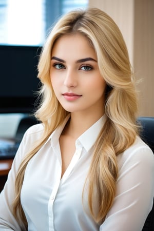 a digital portrait of a naturally beautiful young girl, 25 years blonde with a complexion reminiscent of pure porcelain, fullly matured. sitting on office desk in meeting
, full size photo, 
,Pakistani Model