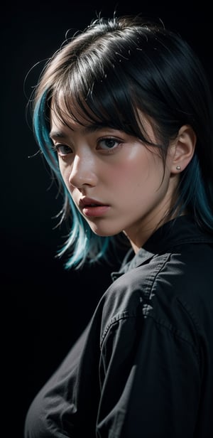 teenage girl, blue hair, dark background, dramatic light