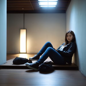 best quality:1.2,8K,photo,photorealistic,extreme details,lora:girl_07:0.6,a girl sat in the middle of an empty and dim room,looking at viewer,