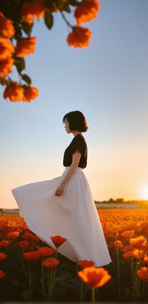 1girl, solo, short hair, black hair, White long skirt,whole body, flower, redscale, profile,sunset,movie mood,Beautiful