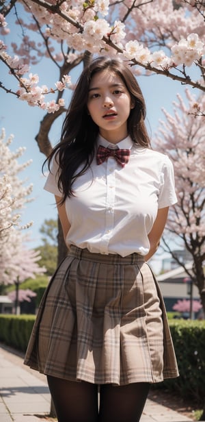 masterpiece, best quality, highres, aamahiru, long hair, red bowtie, white shirt, short sleeves, plaid skirt, brown skirt, pantyhose, , standing, cowboy shot, leaning forward, arms behind back, outdoors, cherry blossoms, smile, open mouth.