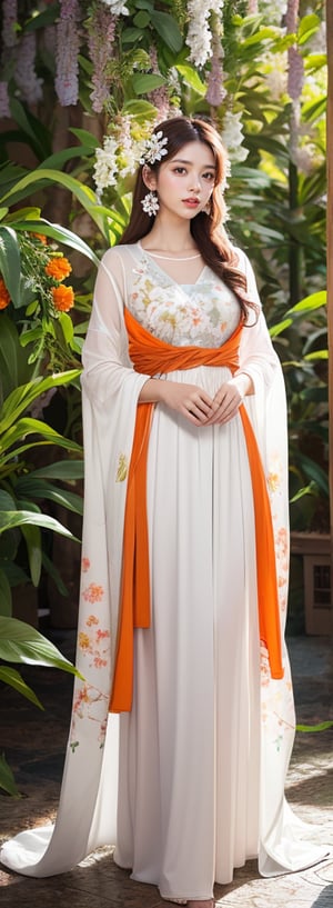 Create an artwork of a person with long, flowing hair intertwined with an array of white and orange flowers, wearing a garment that harmonizes with the botanical surroundings. The overall atmosphere should evoke an ethereal and dreamlike essence. 



 