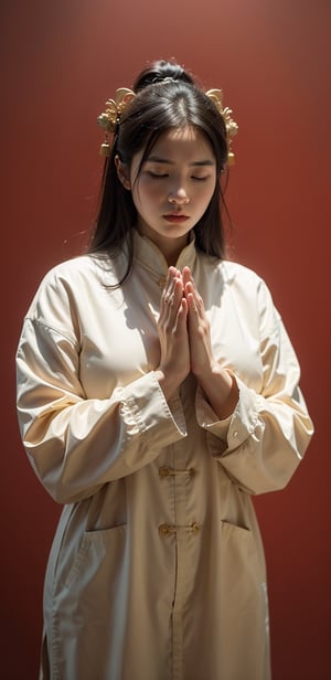 A Chinese ancient beauty is praying, with hands clasped together, eyes closed in silence, wearing a solemn yet beautiful expression, Red Background