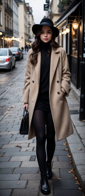 A young woman dressed in a chic fall outfit, including patterned tights, a long wool coat, and ankle boots, walking down a cobblestone street lined with cafés. Her tights feature intricate geometric designs, adding an elegant detail to her look. The camera captures her in a medium shot with a 35mm lens, focusing on the balance between her stylish tights and the overall sophistication of her outfit. The lighting is soft, with overcast skies giving the scene a cozy, autumnal feel, and the warm glow from nearby café lights adds a comforting touch, ek_ph0t0_b00ster
Prompt Negatif