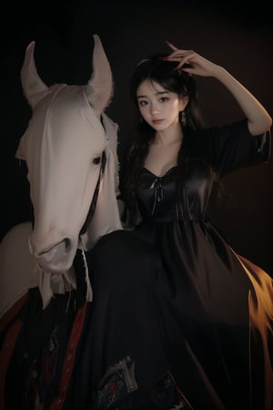 a young woman,looking at the camera, posing,ulzzang, streaming on twitch, character album cover,black moment,style of bokeh, witch dress, ,moody lighting,appropriate comparison of cold and warm, hair over one eye, bow on head, reality,idol,Beauty,beauty,Holding a crossbow, riding a horse,Sexy