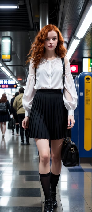 A beautiful young woman with wavy red hair and soft, delicate skin wearing a white blouse, a short pleated skirt and white knee-high stockings walks happily and confidently through the subway station. The camera captures her in a half-body shot with a 35mm lens, focusing on the young woman's beauty, the details of her outfit and the urban environment of the subway. The lighting of the station's LED tubes contrasts with the dark areas of poorly lit corridors. The image has an 8K resolution, which highlights the details of the old subway station and the textures of the young woman's outfit.,ek_ph0t0_b00ster