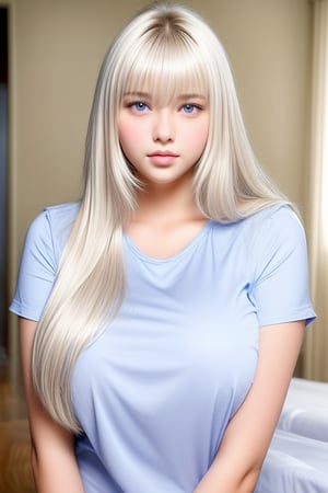 Unparalleled beauty, shiny shiny firm and shiny skin, bangs between eyes, shiny straight beautiful platinum blonde, super long straight silky hair, eyeliner, sexy beautiful innocent 14 years old, high definition big big beautiful bright blue eyes, beautiful and lovely girl, baby face, short sleeve shirt