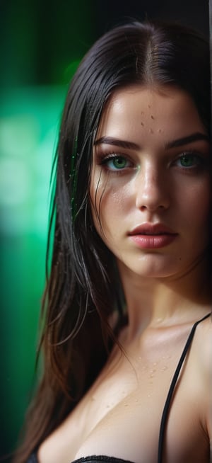 Sexy girl, 23 years old, (black long hair),green eyes, wet lips, light freckles, looking at the viewer, professional profile of a woman ((full length portrait photo)) spread out towards the viewer, detailed, sharply focused, dramatic, recorded, cinematic lighting, volumetric dtx, (film grain), background, comprehensive) foreground shot, depth of field, studio, motion capacity), full body, rear view