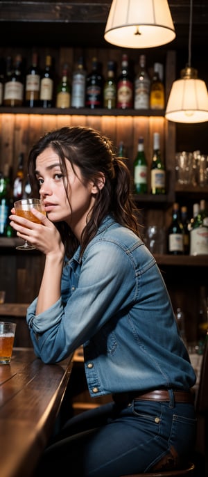 Intimate portrait, sideview, of a beautiful 30 year old womandrunk, sitting on a stool drinking at a bar, slender build, dissheveled, wrinkled clothing, soft features, long messy hair, staring vacantly off camera as she finishes her drink, worried expression. The only light comes from behinder her from the golden bar lights hanging at the top of the bar. Background is a slightly blurry background of a wooden bar in a honky-tonk