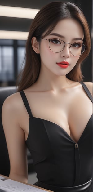 8k ultra realistic image, full length perspective wide angle detail. in the study room, next to the office desk, files, office supplies such as pc and printer. ((((a secretary woman))) the body of a gorgeous woman with wet lips, open mouth, glasses, low-cut breasts, mini skirt, plump body, looking as if she is ready to make love. She has a very sexy appearance, sex-seeking eyes and body attitude (in the office photo of a 28-year-old girl, ultra quality (natural skin texture), mysterious look, (black hair), dried lips, (((slightly freckled face))), (dark shot), (very high contrast), dramatic shadows, professional makeup, perfect composition, (high quality), (ultra detail), (high resolution), (masterpiece), (intricate and beautiful), (extraordinarily beautiful), (fine detail, beautiful hazel eyes and detailed face), (hyperrealism) photorealistic, hyperrealistic, high definition, cinematic, UHD, HDR, 8k, highly detailed)