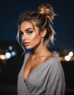 photo of a gorgeous girl, messy bun hair, nighttime, sexy
