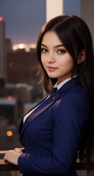 a beautiful girl wearing a DARK BLUE SUIT AND AI LOOK and giving a  NEAR  CAMERA good pose and lighting background in studio and an ai inlfuencer and a colorful hair and pretty face and eyes pretty .4K CLEAR,HIGH RESOLUTION CANON CAMERA IMAGE 