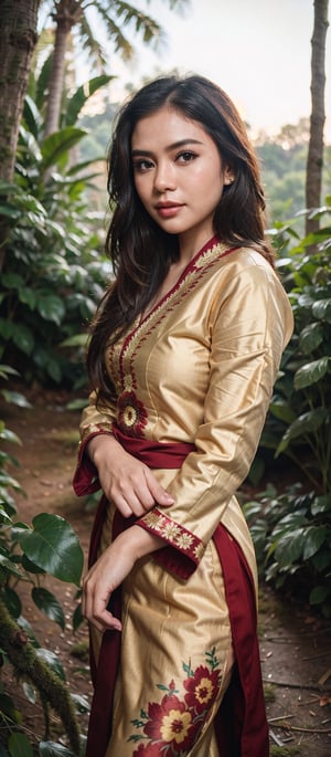 Create a photorealistic masterpiece of a beautiful woman with long hair wearing traditional Indonesian kebaya attire. Set her against a dark, forest backdrop with a captivating glow in the background and bokeh effect. Ensure the image quality is 8K with ultra-realistic details.,kebaya