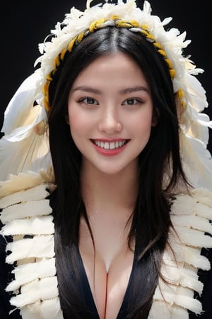 4k,best quality,masterpiece,20yo 1girl,(traditional Cherokee Indian costume, alluring smile, head ornaments 

(Beautiful and detailed eyes),
Detailed face, detailed eyes, double eyelids ,thin face, real hands, muscular fit body, semi visible abs, ((short hair with long locks:1.2)), black hair, black background,


real person, color splash style photo,
