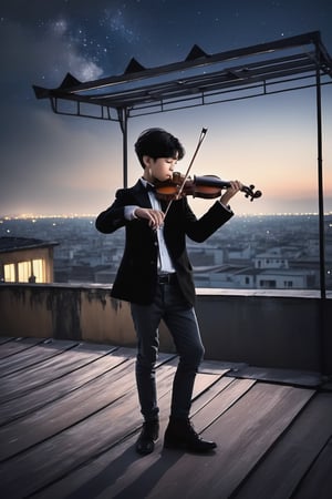 ((masterpiece, quality, wide photo angle)), boy, standing on the roof of a building, solo, Vintage hairstyle, black hair, jas black, instrument, ((playing violin1.3)), real hands, night, stars, wind blows