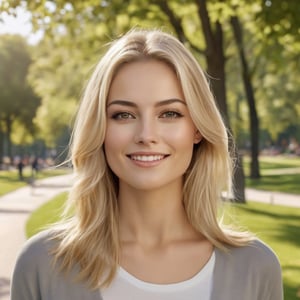 Generate hyper realistic image of a woman with straight blonde hair in a photorealistic scene, taking a leisurely stroll through a park. Her minimal makeup enhances her natural beauty, and her relaxed smile emanates a serene charm.