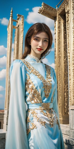 Byzantine girl with blue sky and white clouds background, sexy outfit, upper body, front view, (Masterpiece, Top Quality, Top Image Quality, Official Art, Aesthetic and Beautiful:1.2), (1girl:1.4), white beautiful skin, smiling face, portrait, extreme color, highest definition, simple background, 16K, high resolution Perfect Dynamic Composition, Bokeh, (Sharp Focus:1.2), Ultra Wide Angle, High Angle, High Color Contrast, Medium Shot, Depth of Field, Background Blur,,itacstl