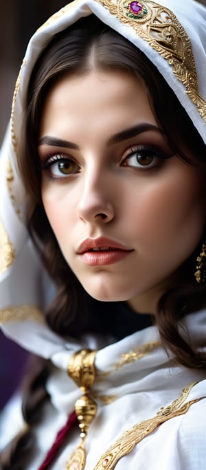 A Byzantine style girl in monastery, white head-cloths and veils. (masterpiece, top quality, best quality, official art, beautiful and aesthetic:1.2), (1girl:1.4), portrait, extreme detailed, highest detailed, simple background, 16k, high resolution, perfect dynamic composition, bokeh, (sharp focus:1.2), super wide angle, high angle, high color contrast, medium shot, depth of field, blurry background