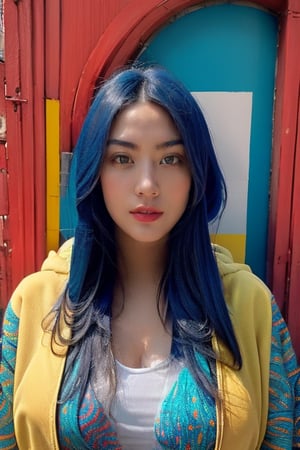 A stunning portrait of a young woman dressed in a vibrant, multicolored hoodie with swirling patterns of blue, orange, and teal. Her long, flowing hair cascades down her shoulders, complementing the intricate design of her outfit. The background mirrors the psychedelic patterns of her attire, creating a seamless, mesmerizing effect. The woman's expression is calm and confident, her gaze directed towards the viewer. The overall scene exudes a sense of bold, artistic flair and modern fashion.